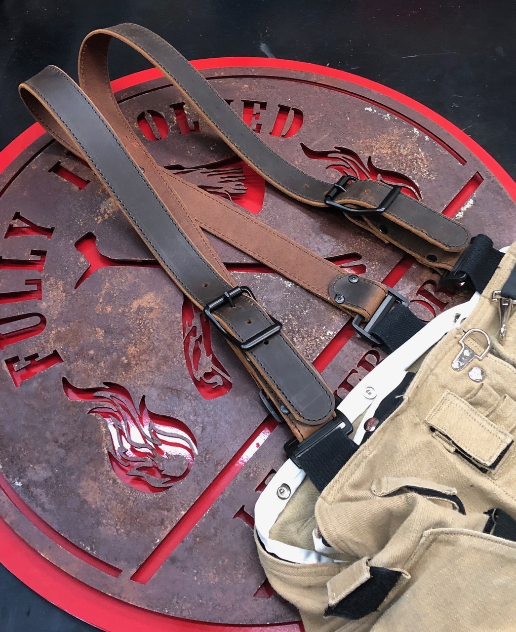 Rustic Smoke Leather XBack Suspenders for Firefighters by Fully