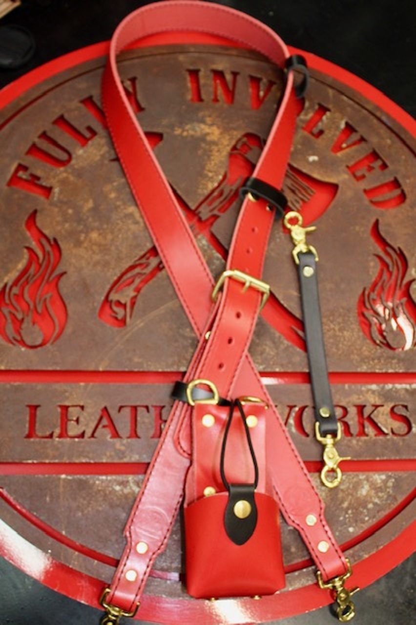 Red Leather Firefighter Radio Strap with Holster