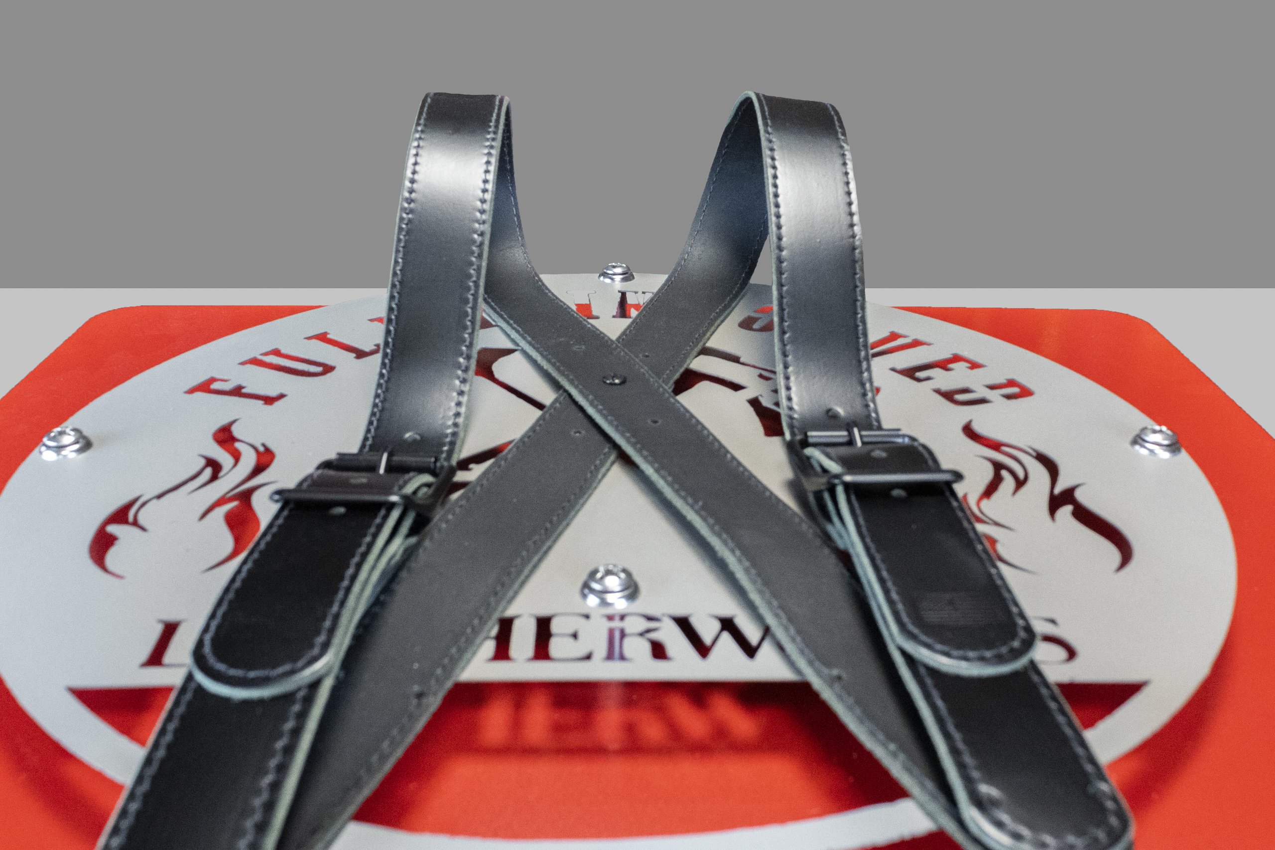 Soot Black Leather X-Back Suspenders for Firefighters by Fully Involved