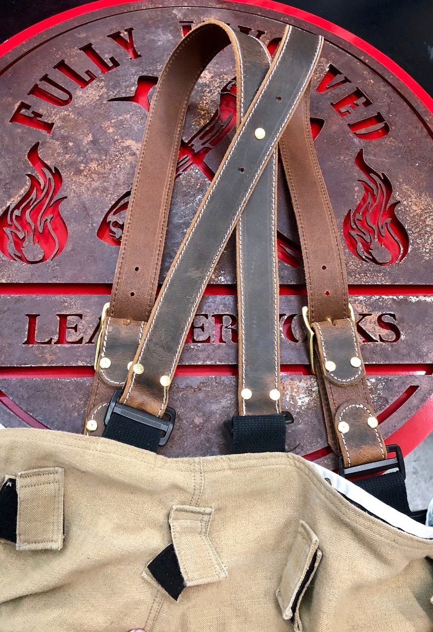 Rustic Brown Leather X-Back Suspenders for Firefighters by Fully