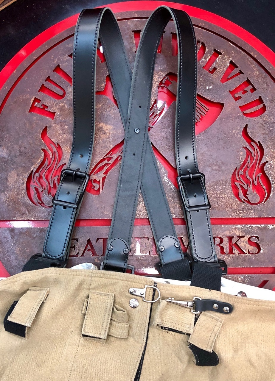 Soot Black Leather XBack Suspenders for Firefighters by Fully Involved