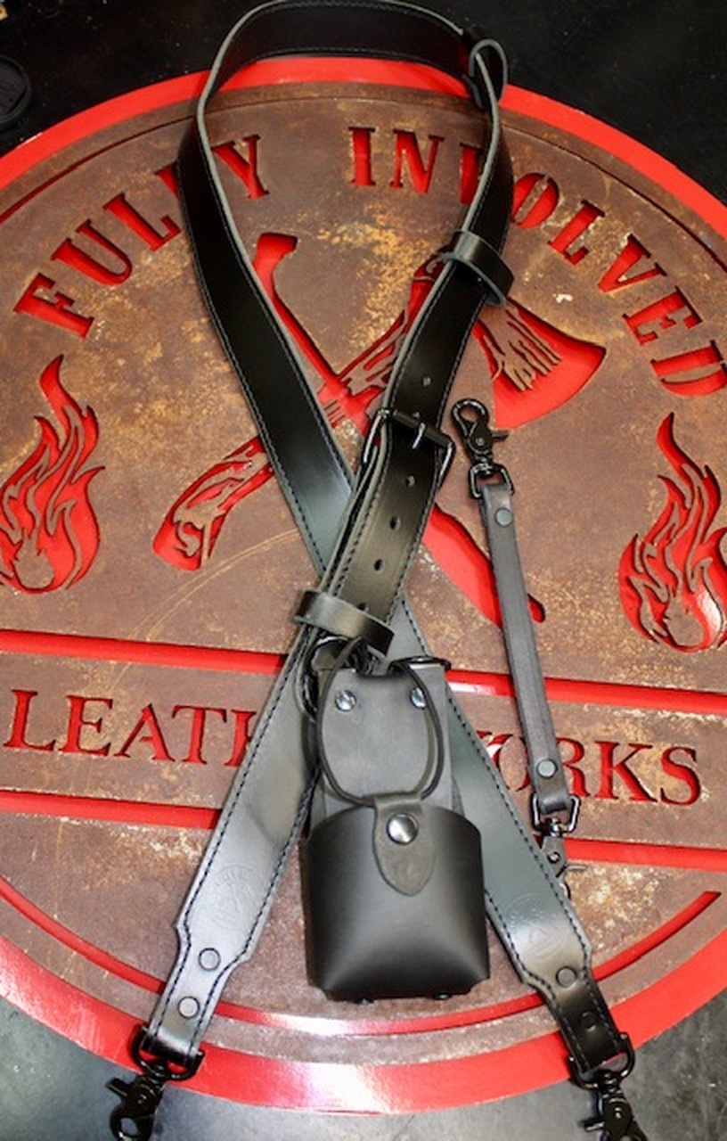 Soot Black Leather Firefighter Radio Strap with Holster