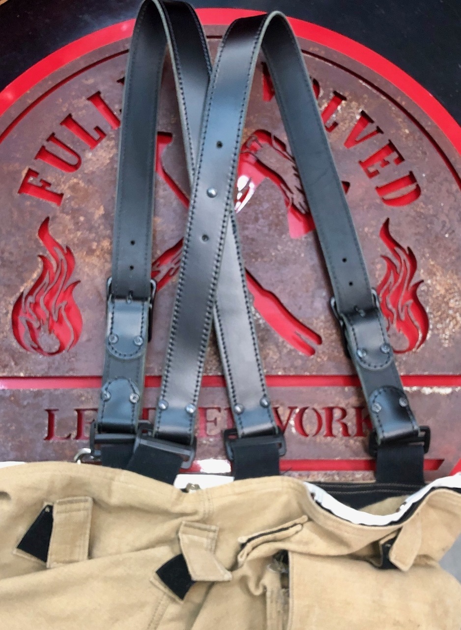 Soot Black Leather XBack Suspenders for Firefighters by Fully Involved