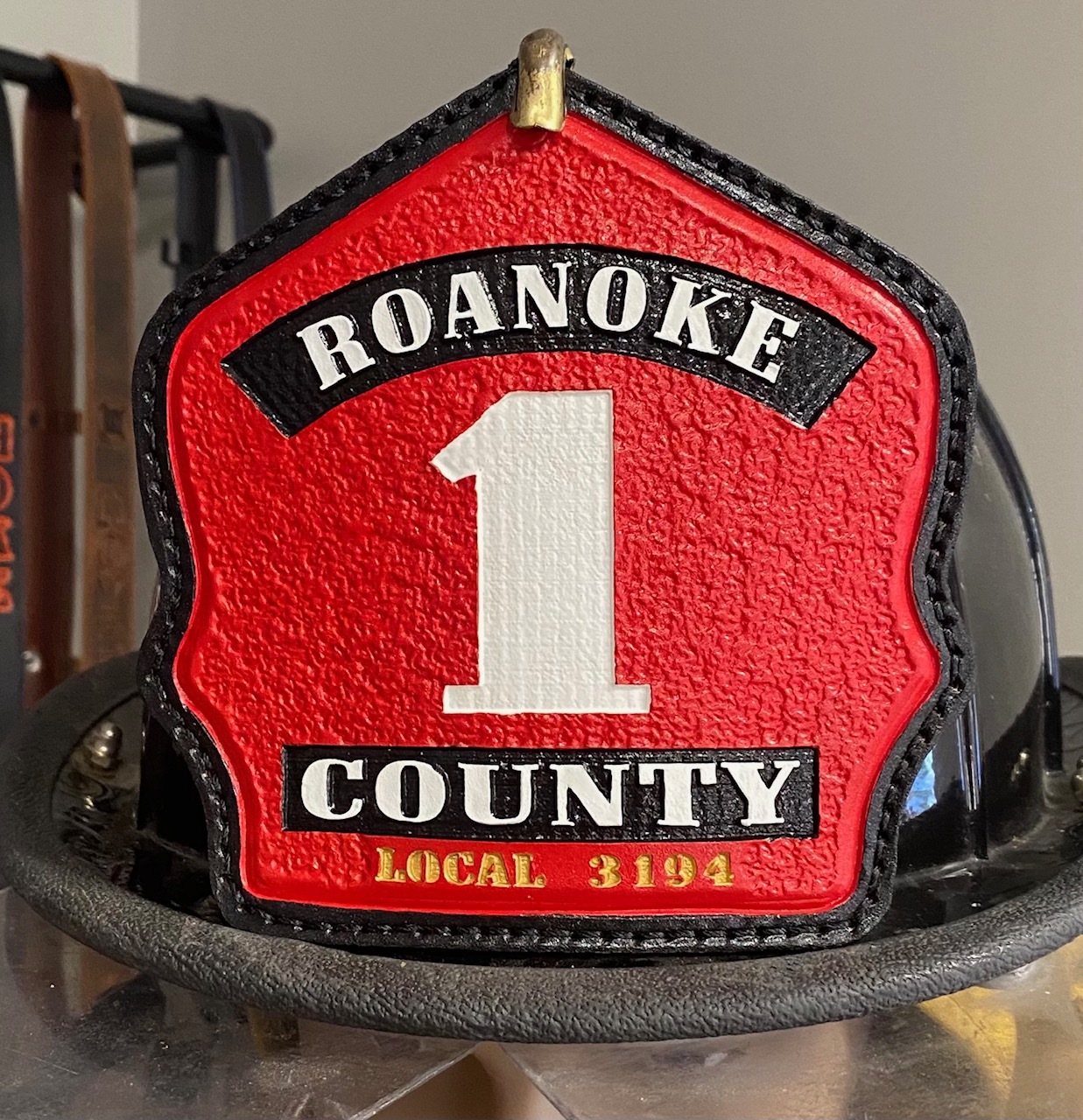 Custom Firefighter Leather Fire Helmet Shield Front by Fully Involved