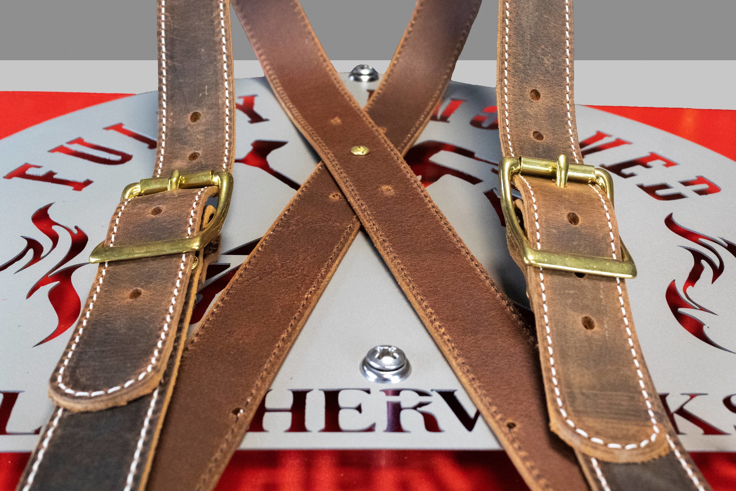 Rustic Brown Leather X-Back Suspenders for Firefighters by Fully