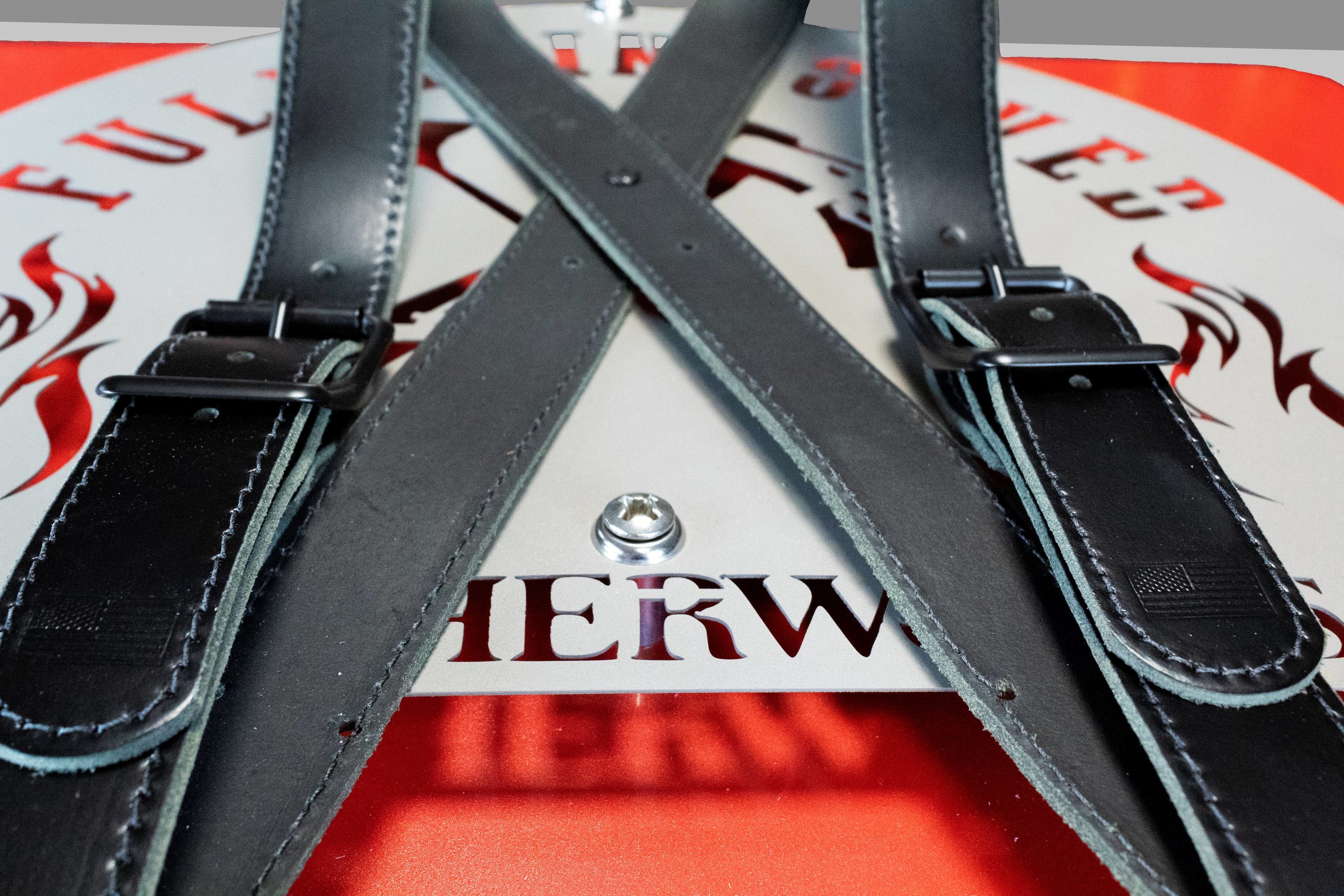 Soot Black Leather X-Back Suspenders for Firefighters by Fully Involved