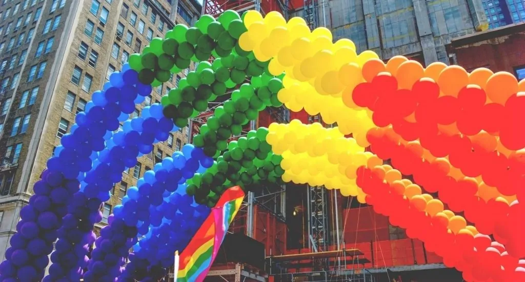 Pride colored balloons outside office buildings