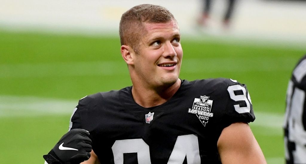 A picture of Carl Nassib who came out in June, becoming the first openly gay N.F.L. player.