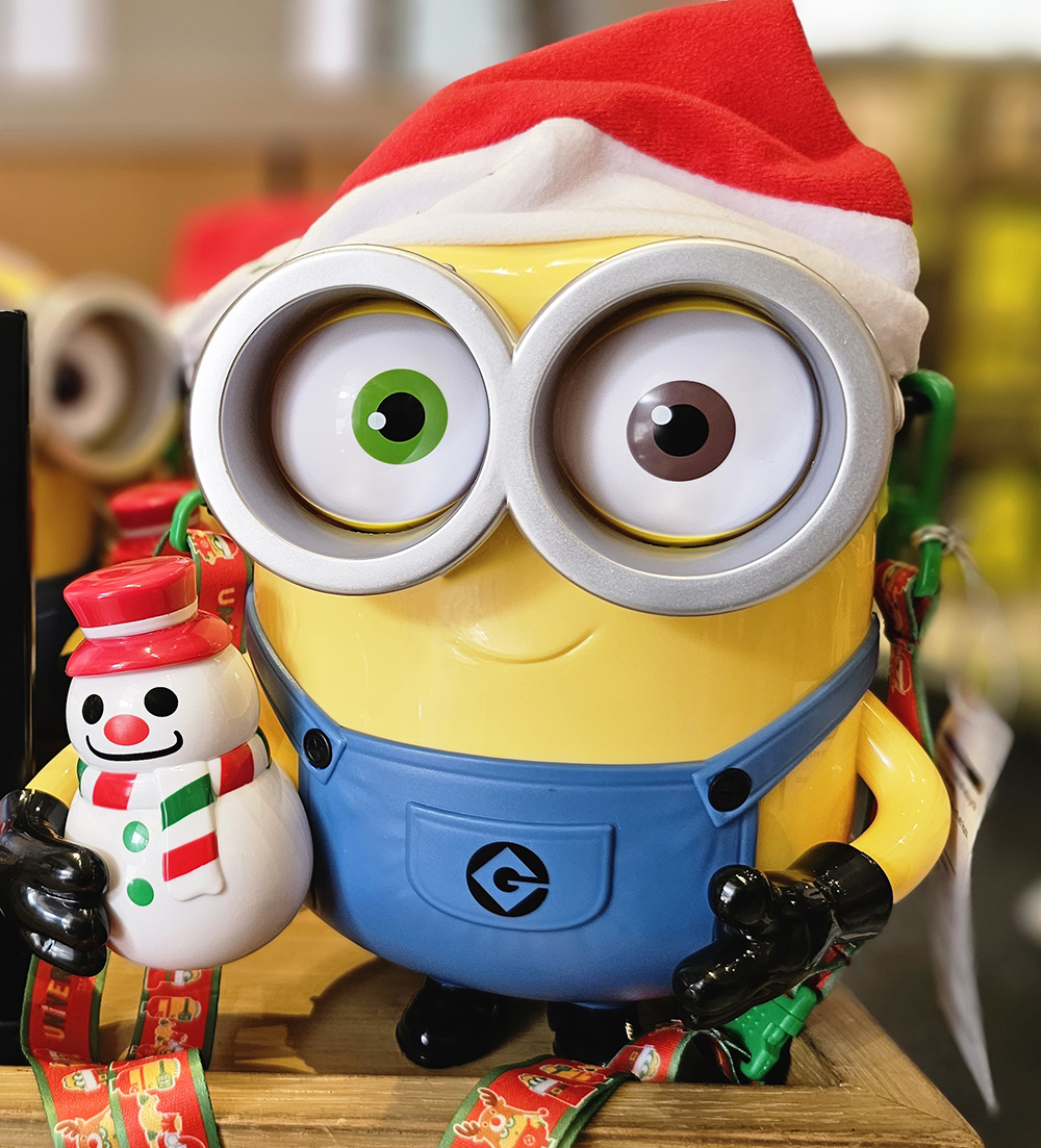 Universal Studios Parks Holiday Minion Popcorn Bucket Wearing Santa Hat Holding Snowman