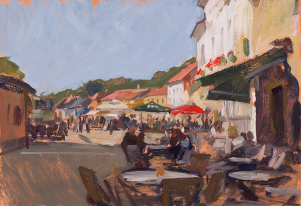 Plein air painting of Sunday coffee in Samobor, Croatia.