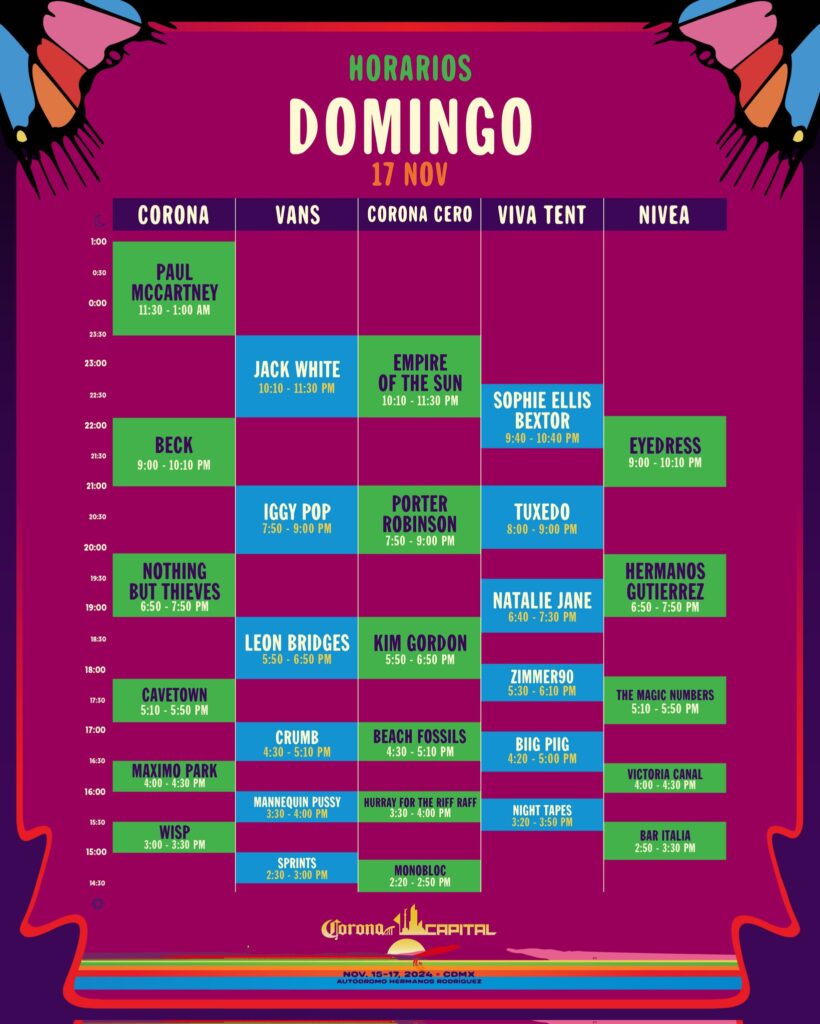 Horarios Corona Capital 2024: traza tu mapa! 3 horarios corona capital 2024 viernes sabado domingo