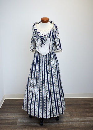 Blue and White Striped Calico Colonial Gown, Cap and Fichu