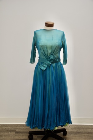 Vintage 1950s Silk Chiffon Green and Blue Cocktail Dress