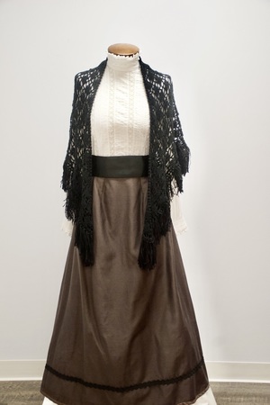 Victorian Brown Stripe Skirt Ensemble with Black Crochet Shawl