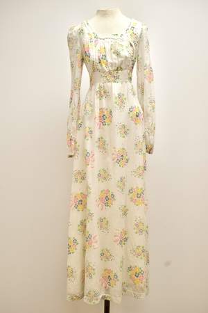 Vintage 1970s Long White Floral Dress