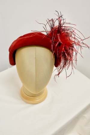 Vintage Red Velvet Hat with Feather