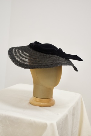 Vintage Black Velvet Hat with Wide Straw Brim