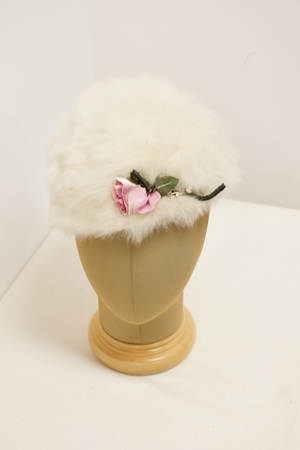 Vintage White Fur Hat with Rose