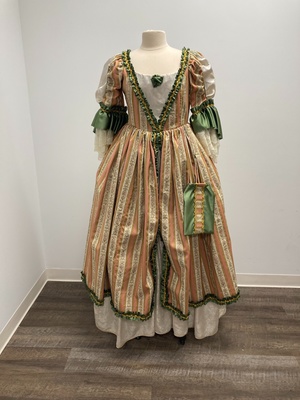 18th Century Apricot, Cream Damask and Pine Green Gown