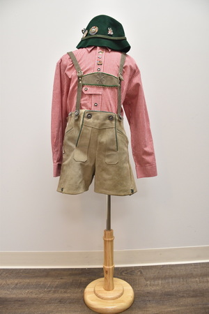 Boy's Vintage Lederhosen, traditional Bavarian shirt and Alpine Hat