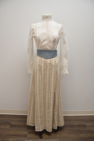 White Shirtwaist and linen beige striped skirt ensemble 
