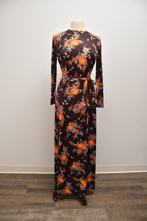 1970's Brown and Coral Flower Maxi Dress
