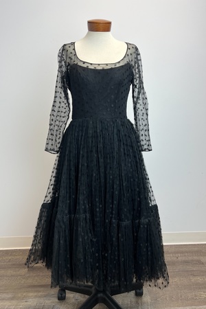 Vintage 1950's Black Polka Dot Chiffon Dress
