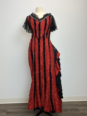 Black and Red Stripe Bustle Gown with Train 