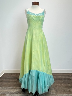 1950s Yellow Party Dress with Light Blue Tulle Overlay