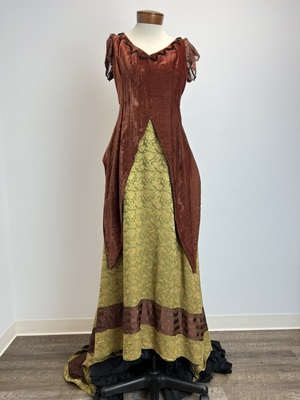 Brown Velvet and Sage Gold Brocade Medieval Bustle Gown with Train
