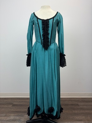 Turquoise Silk Victorian Gown Trimmed in Black Velvet