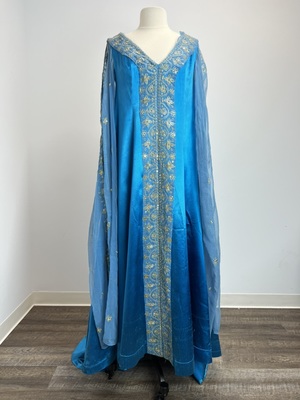 Blue Satin Medieval Gown with Chiffon Hanging Sleeves and Train