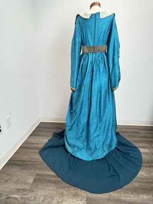 Exquisite Costumes:: Exquisite Costumes:: Turquoise Raw Silk Medieval Gown  with Gold Trim and White Satin Collar