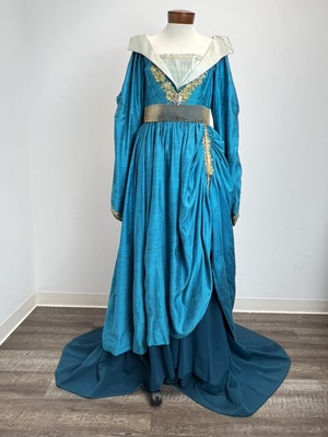Exquisite Costumes:: Exquisite Costumes:: Turquoise Raw Silk Medieval Gown  with Gold Trim and White Satin Collar