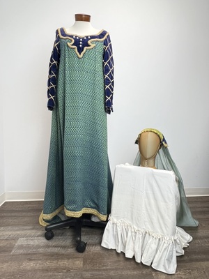 Blue and Green Tapestry Medieval Gown with Hat