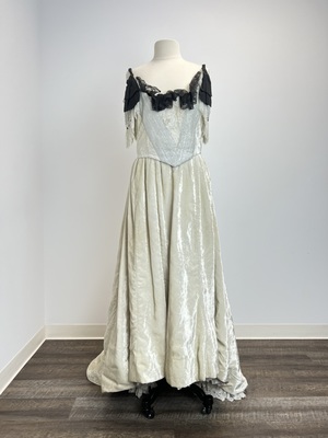 White Brocade and Velvet Victorian Evening Gown with train 