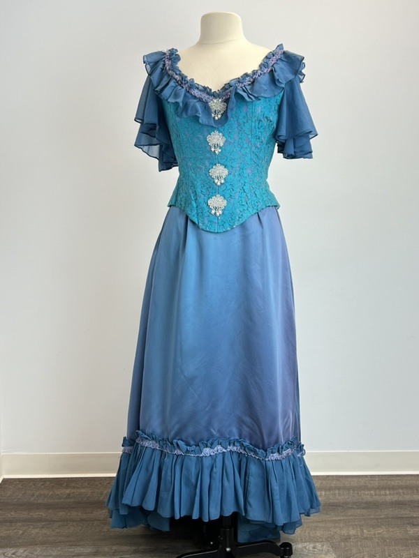 Exquisite Costumes:: Blue Satin and Lace Bustle Victorian Gown Rental