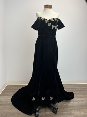 Black Velvet Off the Shoulder Gown with Rhinestone Appliques