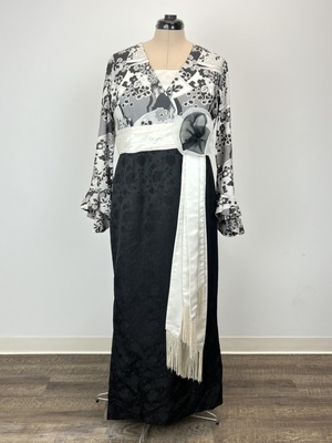 Ascot Dress with Print Blouse and Black Skirt