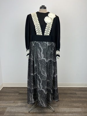 Ascot Black Dress with Print Skirt and Lace Trim