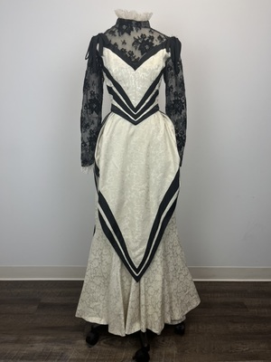 Ascot White Brocade Dress with Black Lace
