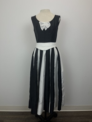 1950's Black and White Sleeveless Cocktail Dress with Striped Skirt
