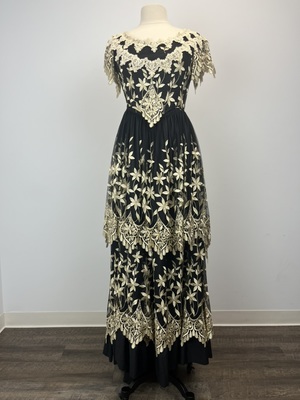 Black Chiffon Bustle Dress with Cream Embroidery