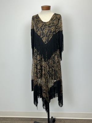 Black and Gold Lace Poncho Dress with Fringe