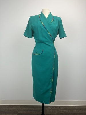 1980's Vintage Teal Green Linen Blend Day Dress