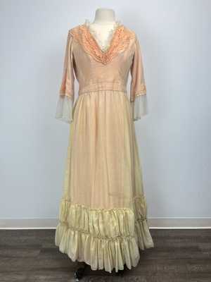 Victorian Peach Cotton Dress with Yellow Overlay 