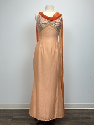 1960's Tangerine Orange Brocade and Raw Silk Gown