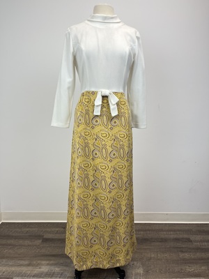 Vintage 1960's Cream and Mustard Yellow Paisley Maxi Dress