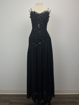 Vintage 1980s Black Chiffon and Sequin Evening Gown