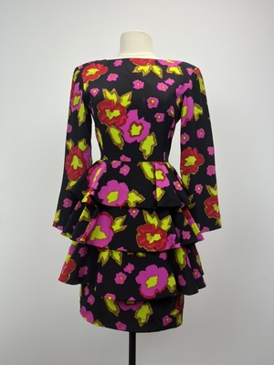 Vintage Arnold Scaasi Red and Pink Flower Black Peplum Cocktail Dress